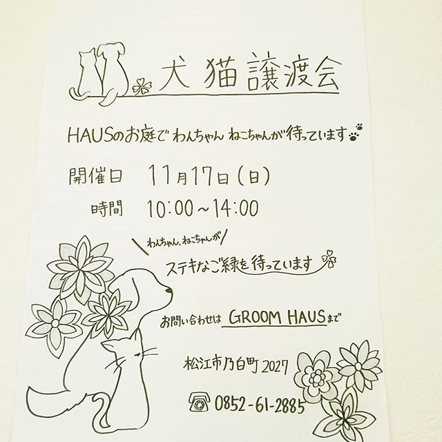 犬 猫 譲渡会 11月17日 日 10 00 14 00 Hausのお庭でわんちゃん ねこちゃんが 素敵なご縁を待ってますよ しあわせサポート犬猫部さんのご協力の元 保護犬 保護猫の譲渡会を行います 最後まで面倒を見る 捨てない 虐待しない 地域 社会全体で幸せになる